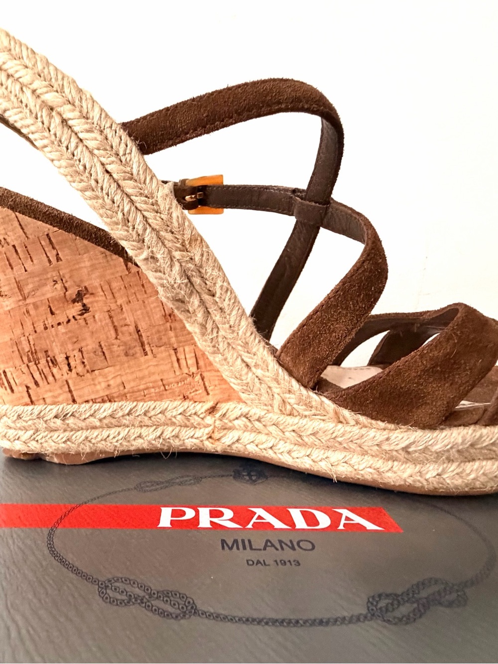 Prada Brown Suede Espadrille Cork Wedge Sandals